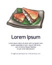 Vertical banner with coloring cartoon illustration of Japanese food with rice and salmon on plate